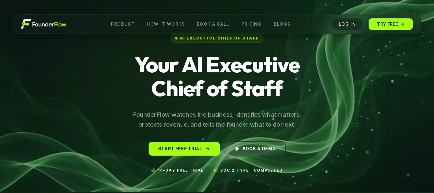 FounderFlow homepage: Your AI Executive Chief of Staff, with SOC 2 Type I completed